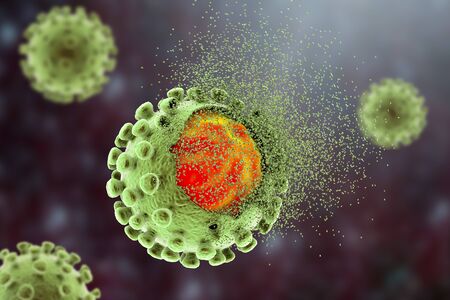 Destruction of SARS-CoV-2 virus, the concept of COVID-19 treatment and prevention, 3D illustrationの写真素材