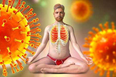 A man in Lotus yoga position with highlighted lungs, surrounded by viruses that cannot harm him, 3D...