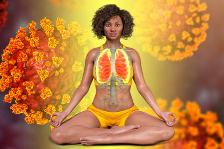 A woman in Lotus yoga position with highlighted lungs, surrounded by viruses that cannot harm her,...