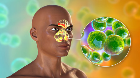 Moraxella catarrhalis bacteria as a cause of sinusitis. 3D illustration showing purulent inflammation of frontal sinuses in an African man and close-up view of Moraxella bacteriaの写真素材