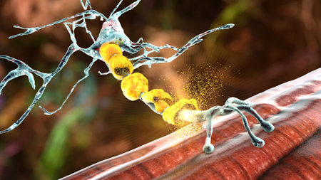Demyelination of neuron, the damage of the neuron myelin sheath seen in demyelinating diseases, 3D...