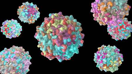 Adeno-associated viruses, 3D illustration. The smallest known viruses to infect humans, belong to...
