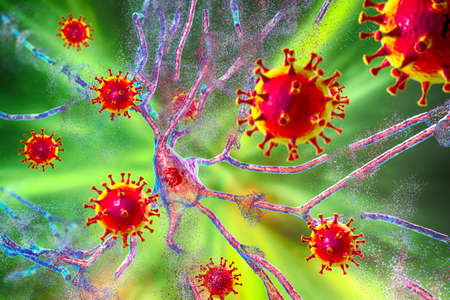 Viruses infecting neurons. Neuronal destruction. Concept for brain infection, 3D illustration. Viral...