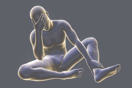 Male body in unhappy frustrated pose, conceptual 3D illustration. Concept of painful feelings in...