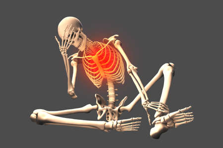 Human skeleton in unhappy frustrated pose, conceptual 3D illustration. Concept of painful feelings in body, bad feeling, frustration, depression, loneliness, headache, stress. Upset pose with broken heart or diseaseの写真素材