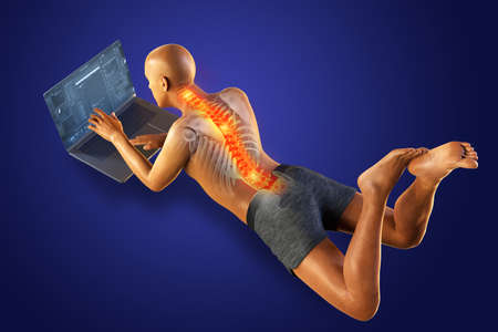 Working with laptop in a wrong position. Concept of backache, back pain. 3D illustration showing...