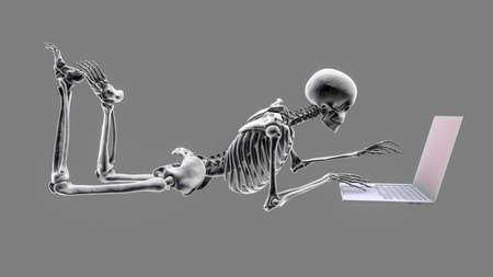 Working with laptop in a wrong position. Concept of backache, back pain. 3D illustration showing a human skeleton working in a wrong positionの写真素材