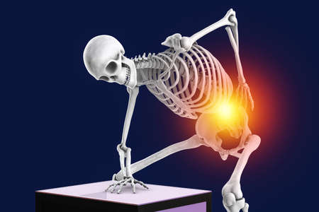 Human spine pain, backache, back pain, conceptual 3D illustration showing human skeleton with...