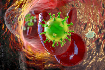 COVID-19 virus particles and activated platelets in blood stream participating in clot formation,...