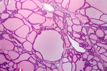 Endemic goiter, light micrograph, abnormal enlargement of the thyroid gland due to dietary iodine deficiency. Photomicrograph shows follicles of varying size, abundant colloid, lymphocytic infiltrateの写真素材