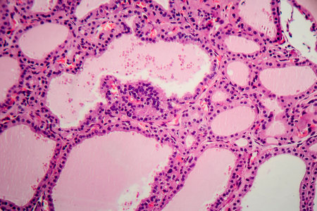 Endemic goiter, light micrograph, abnormal enlargement of the thyroid gland due to dietary iodine...
