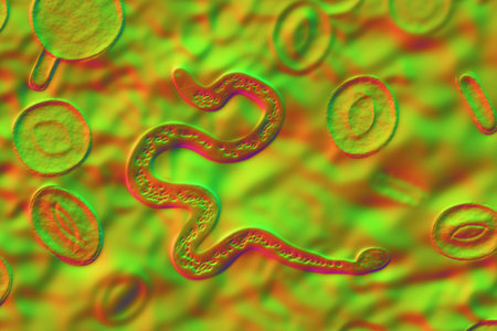 Brugia malayi in blood, a roundworm nematode, one of the causative agents of lymphatic filariasis,...