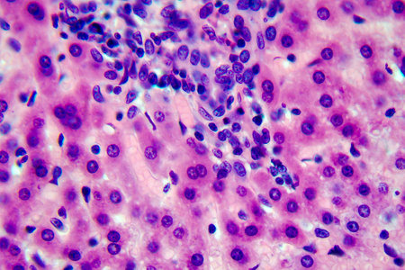 Coccidiosis, coccidia in liver, light micrograph, photo under microscopeの写真素材