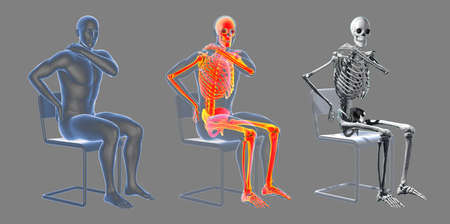 Human spine pain, backache, back pain, conceptual 3D illustration showing set of male bodies with and without highlighted skeleton and isolated skeleton having painful backの写真素材