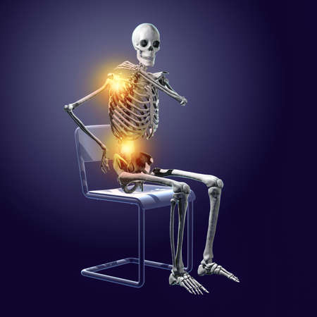 Human spine pain, backache, back pain, conceptual 3D illustration showing human skeleton with painful backの写真素材