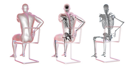 Human spine pain, backache, back pain, conceptual 3D illustration showing set of male bodies with and without highlighted skeleton and isolated skeleton having painful back. Dorsal viewの写真素材