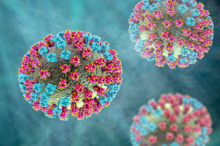 Influenza virus H3N2, 3D illustration showing surface glycoprotein spikes hemagglutinin and neuraminidase. The hemagglutinins have glycans (yellow) that modulate immune response to the fluの写真素材