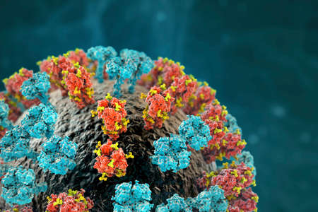Influenza virus H3N2 closeup view, 3D illustration showing surface glycoprotein spikes hemagglutinin and neuraminidase. The hemagglutinins have glycans (yellow) modulating immune response to the fluの写真素材