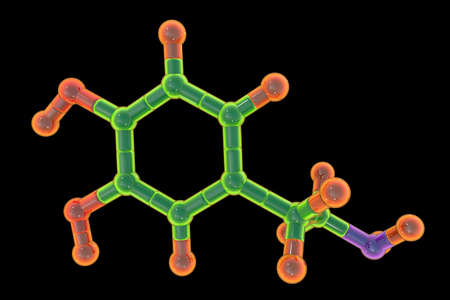 Dopamine molecule, 3D illustration. A neuromodulatory molecule, a neurotransmitter, is a key part of...