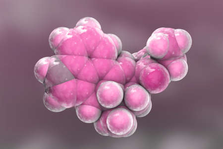 LSD (Lysergic acid diethylamide) molecule, 3D illustration. A psychedelic drug, its effects include...