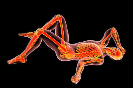 Human male body with skeleton in a bad feeling unconsciousness position, conceptual 3D illustration. Concept of painful feelings in body, frustration, depression, loneliness, headache, stressの写真素材
