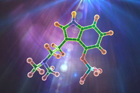 Psilocybin psychedelic mushroom molecule, prodrug of psilocin, 3D illustration