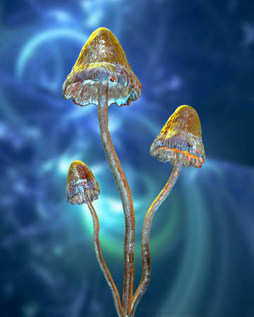 Psilocybin mushrooms, 3D illustration. Commonly known as magic mushrooms, a group of fungi that...