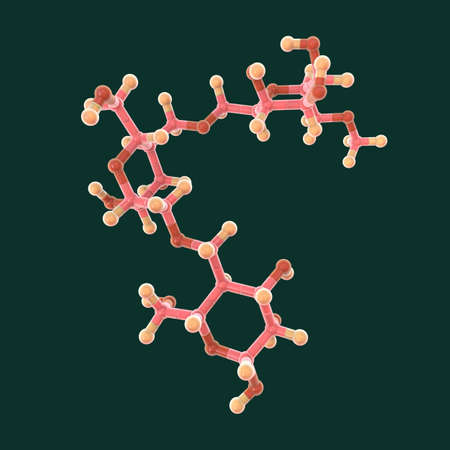 Pullulan molecule, 3D illustration. A polysaccharide polymer consisting of maltotriose units, used...