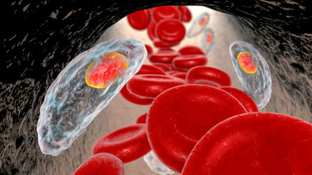 Parasitic protozoans Toxoplasma gondii in the bloodstream, the causative agent of toxoplasmosis in...