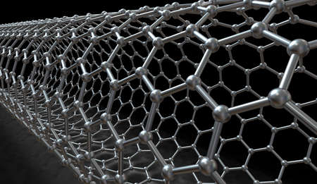 Carbon nanotube, 3D illustration showing hexagonal carbon structure of a nanotube, also known as...