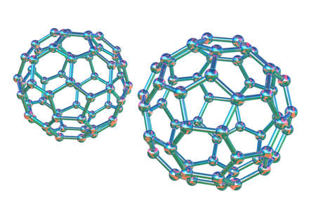 Buckyball, or buckminsterfullerene molecule, 3D illustration. A fullerene molecule is a structurally...
