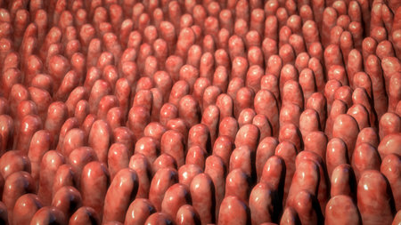 Intestinal villi, human intestine close-up view, 3D illustration