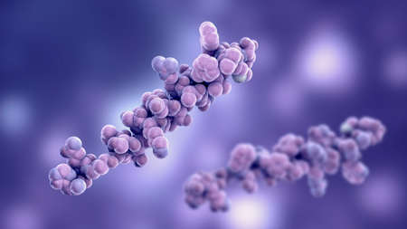 Glucagon molecule, 3D illustration. Glucagon is a peptide hormone, produced by alpha cells of the...