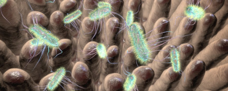 Escherichia coli bacterium in human intestine, E. coli, rod-shaped bacteria, part of intestinal normal flora and causative agent of diarrhea and inflammations of different location, 3D illustrationの写真素材