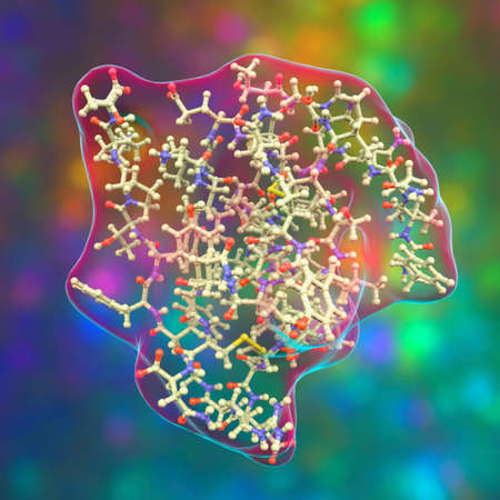 Human insulin hormone molecule, 3D illustration. Drug in diabetes treamentの写真素材