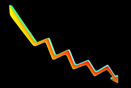 Arrow down isolated on black background, 3D illustration. Downtrend line 3D arrow. Decline tendency
