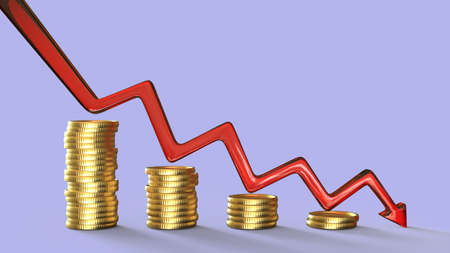 Golden coin stacks and arrow down, 3D illustration. Financial crisis. Downtrend tendency. Declining economy conceptの写真素材