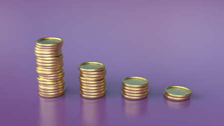 Golden coin stacks decreasing in number, decline tendency concept, 3D illustration. Financial crisis. Downtrend tendency. Declining economy conceptual diagramの写真素材