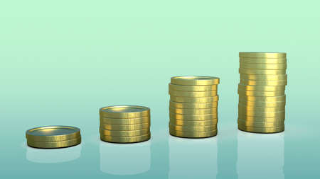 Golden coin stacks increasing in number, 3D illustration. Financial growth. Uptrend tendency. Business start-up conceptの写真素材