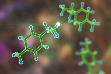 Gamma-terpinene molecule, 3D illustration. Naturally occurring organic compound found in essential oils of lime, mandarin, marjoram, tea tree, and other plants. Has antiseptic, antifungal propertiesの写真素材