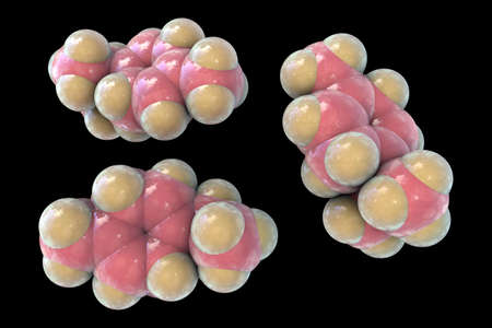 Gamma-terpinene molecule, 3D illustration. Naturally occurring organic compound found in essential oils of lime, mandarin, marjoram, tea tree, and other plants. Has antiseptic, antifungal propertiesの写真素材