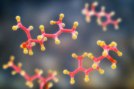 Linalool molecule, 3D illustration. Naturally occurring organic compound found in essential oils of tea tree, coriander, cymbopogon, sweet orange, lavender and other plants, has antiseptic propertiesの写真素材