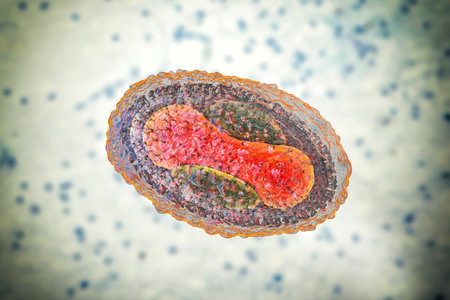 Molluscum contagiosum virus, 3D illustration. A virus from Poxvirus family, causes skin infection...