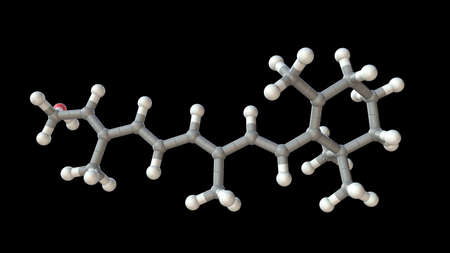 Molecular model of vitamin A, retinol, 3D illustration. It plays important function in metabolism of retina, epithelium, bones, reproductive and immune systemの写真素材