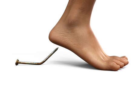 Transmission of tetanus and other anaerobic bacterial infections by contaminated wounds, 3D conceptual illustration showing old rusty metal nail as a source of foot wound infectionの写真素材