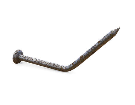 Rusty old bent metal nail isolated on white background, 3D illustrationの写真素材