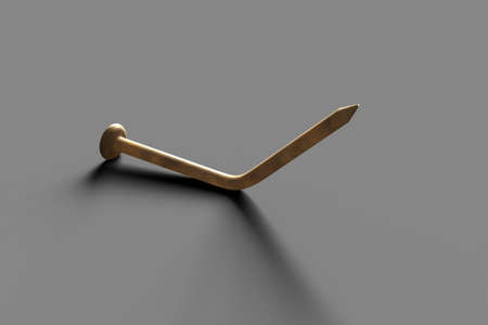 Tetanus awareness. Rusty old bent metal nail on the floor, 3D illustration. Old nails and other dirty objects are potential source of tetanus bacteria transmitted by infected woundsの写真素材