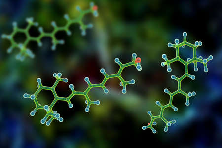 Molecular model of vitamin A, retinol, 3D illustration. It plays important function in metabolism of retina, epithelium, bones, reproductive and immune systemの写真素材