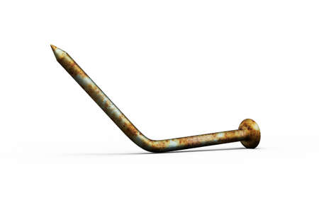 Tetanus awareness. Rusty old bent metal nail on the floor, 3D illustration. Old nails and other dirty objects are potential source of tetanus bacteria transmitted by infected woundsの写真素材