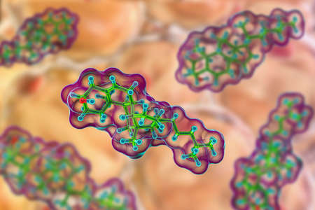 Molecule of cholesterol, 3D illustration. Cholesterol is a type of lipid, essential component of the cell membranes in mammals, its blood level is used as health indicatorの写真素材
